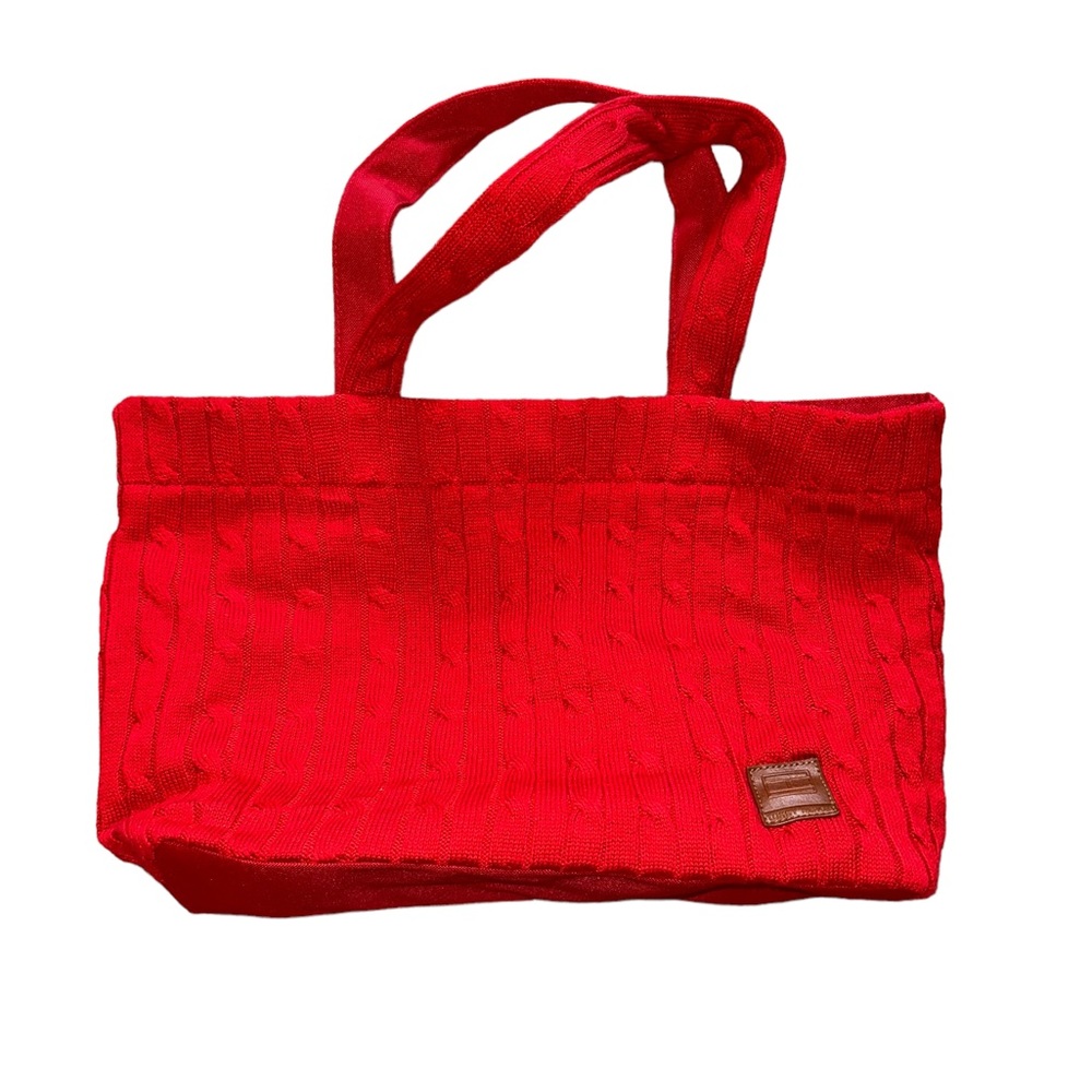 Tommy Hilfiger Red Cable Knit Sweater Canvas Tote Bag